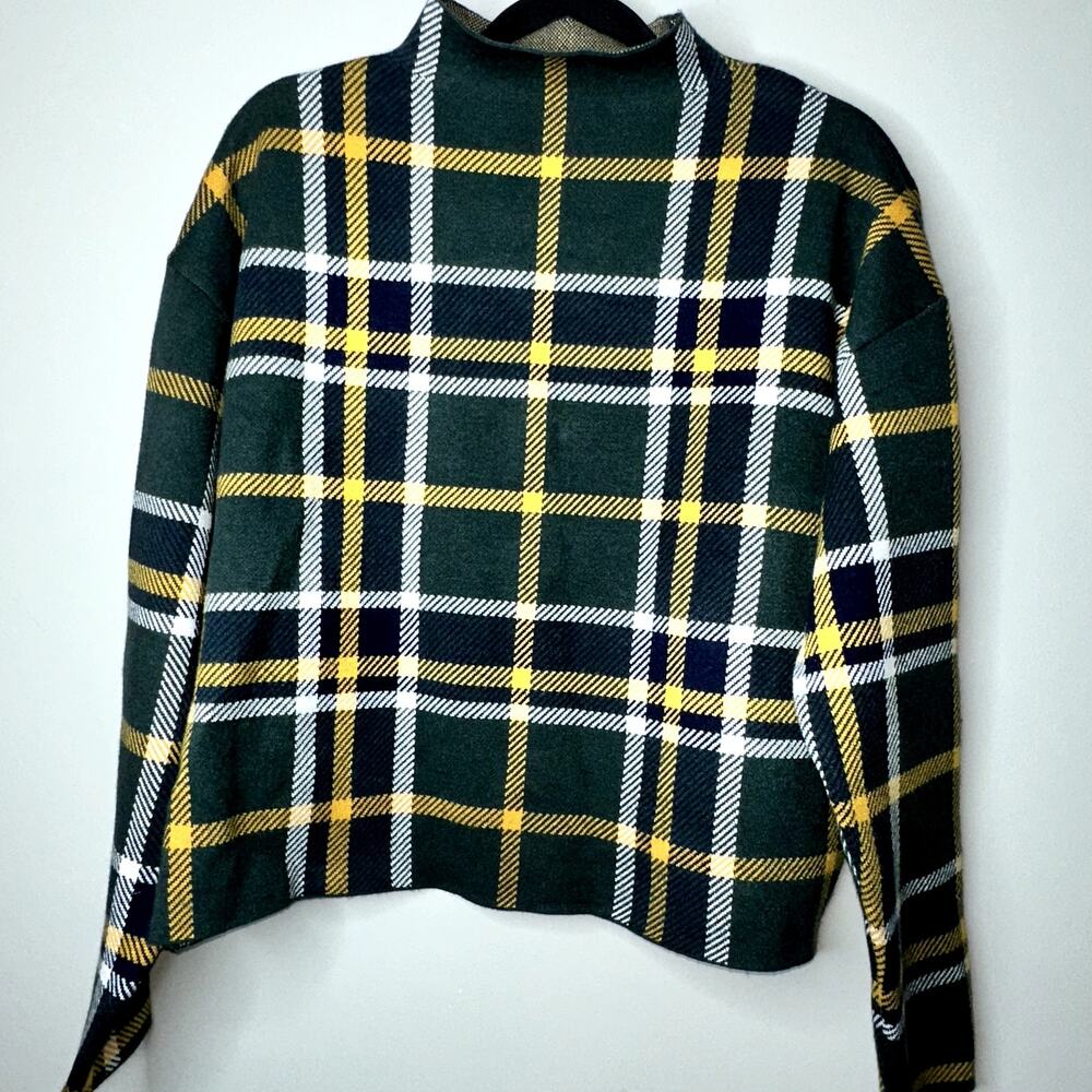 Tahari Womens Size XL Green Yellow Plaid Long Sleeve Mock Neck Sweater